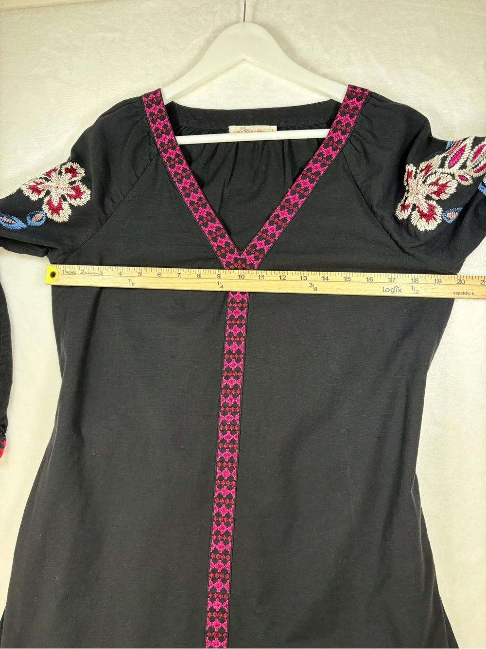 Tory Burch Theresa Embroidered Dress Black Pink Floral Tie Waist Size 6 Bohemian